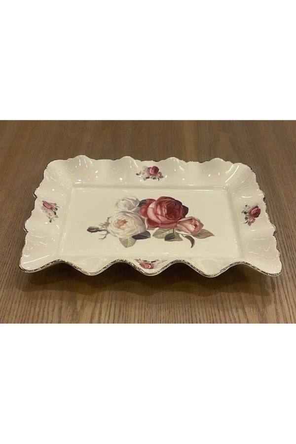 ROYKING GNJ016 Servis Tabağı Krem Gold Dikdörtge Rose 31x22x4cm